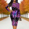Women Plus Size Round Neck Long Sleeve Bodycon Midi Dress Black Base Purple Butterfly Rose Floral Print Pencil Dress