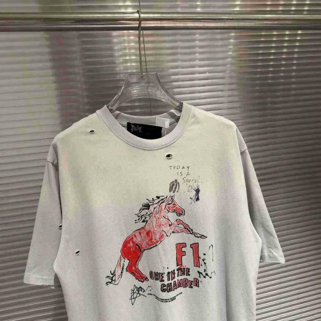 Cross-border beauty tide Paly Hollywood red horse F1 printing old damage heavy cotton short-sleeved T-shirt tide