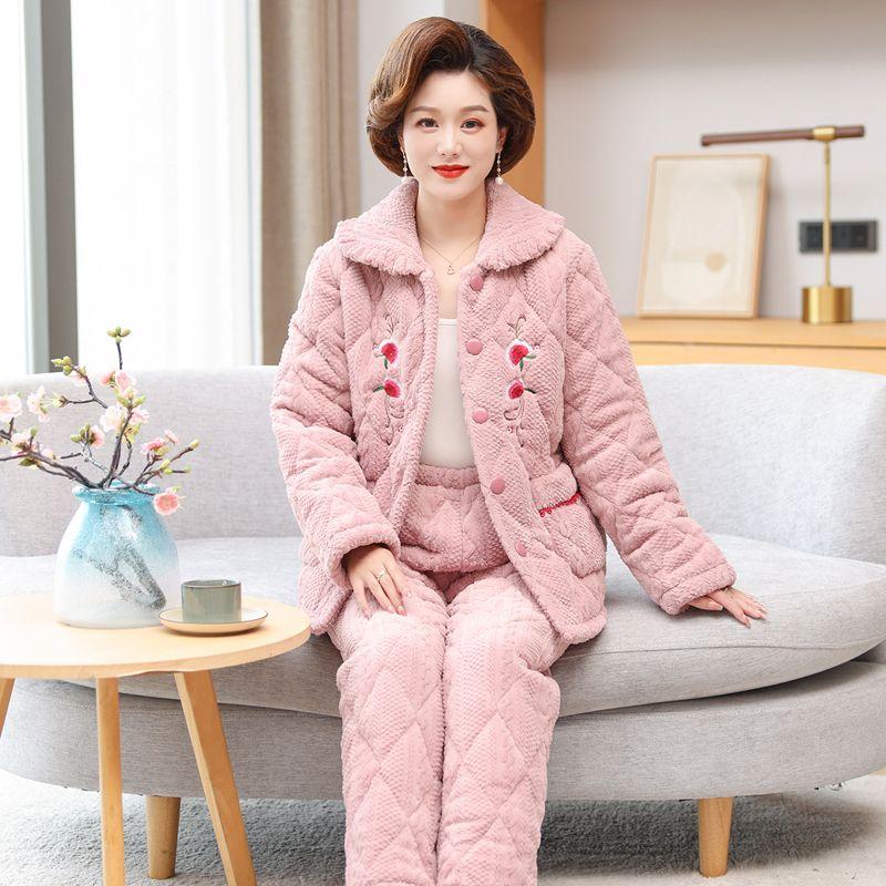 Autumn Winter Women's Padded Thick Coral Fleece Coat and Pants Two-piece Warm Pajamas Set Loungewear