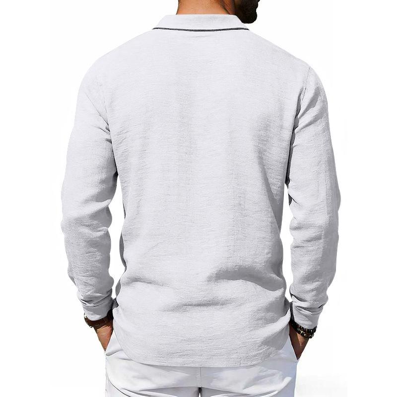 Spring Loose-Fit Solid-Colour Collared Casual Business Men's Long-Sleeved Linen Polo Shirt