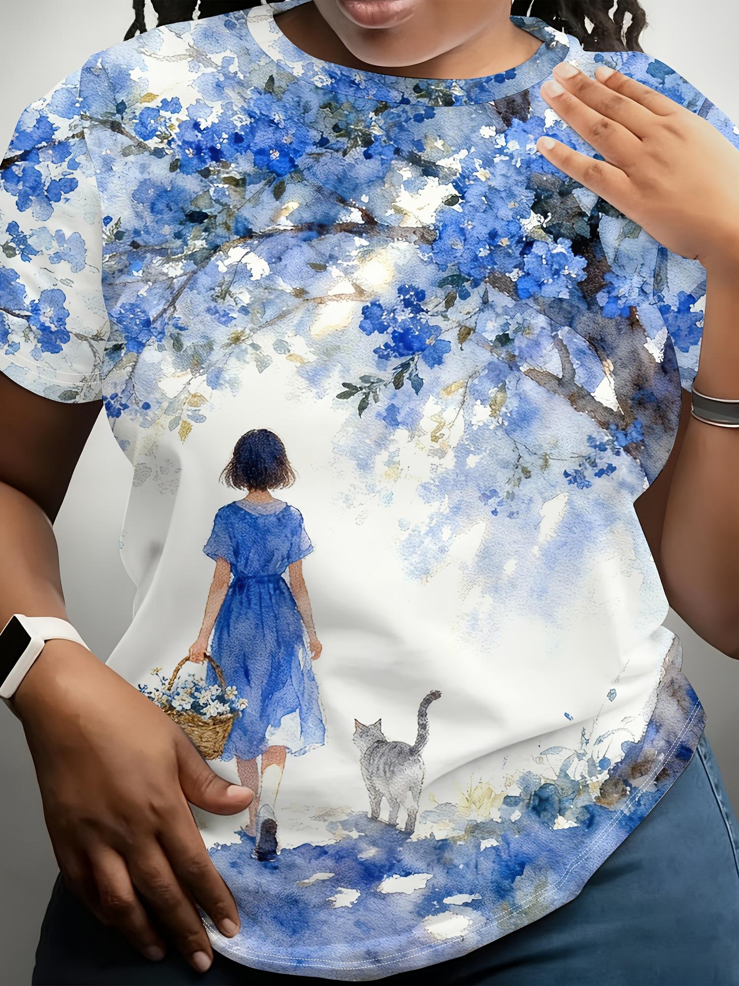 

Women s Oversized Short Sleeve T-Shirt - Blue Watercolor ; Cat Print Round Neck Blouse Suitable for Casual Summer Wear.. Loose Fit Tunic Top. Machine L дубильная кора