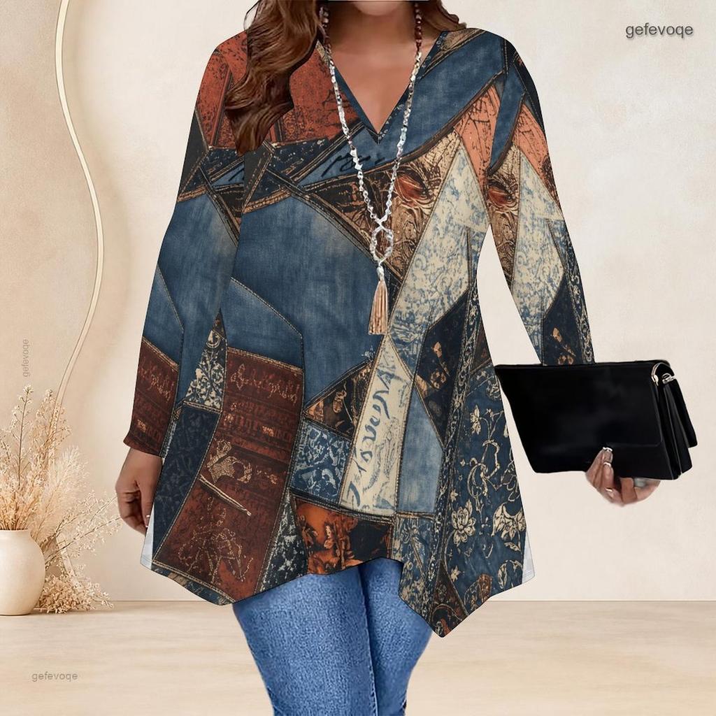 Women Plus Size V Neck Long Sleeve Purple White Tie Dye Irregular Hem Tunic Top