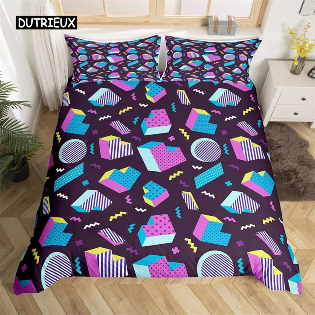 Psychedelic 3D Geometric Duvet Cover Microfiber Colorful Pop Abstract Art Comforter Cover Retro 80s Style Bedding Set Queen Size