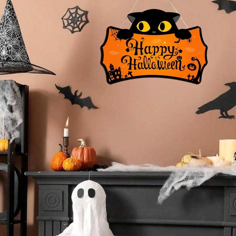 Handcrafted Wooden Halloween Door Hanger With Spooky Skeleton And Pumpkin Artwork Holiday Wooden Signboard