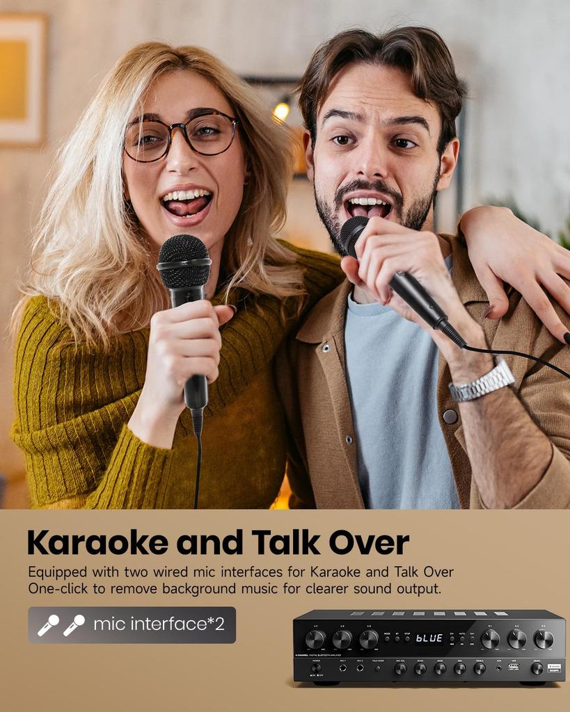 Donner Power Premium 1000W Peak Power 6 Channel Audio Amplifier with Bluetooth 2 for Theater MAMP6 Amplifier, 5.3, USB, FM, Mic-in, Echo, RCA,