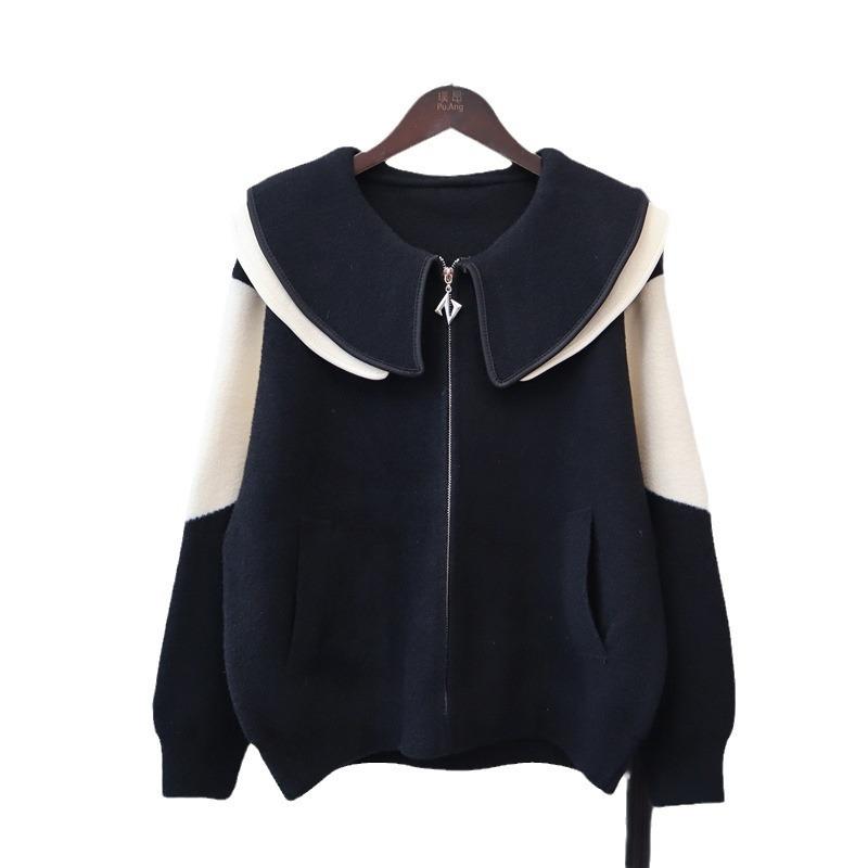 Doll collar design sense contrasting color knitted double-sided tweed jacket autumn and winter new loose and thin sweater cardigan women