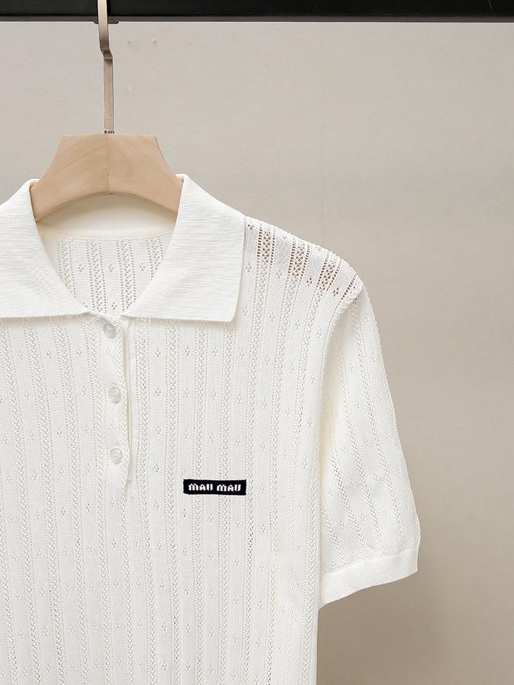 Herbst Damen Strick T-Shirt im französischen Stil mit Applikation und Umlegekragen