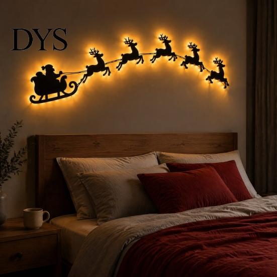 Innen-Weihnachtsdekoration Beleuchteter Weihnachtsschlitten Rentier Wanddeko mit Fernbedienung, 3D Leuchtendes Holz Rinde Feiertagskunst für Zuhause und Eingangsbereich zum Aufkleben