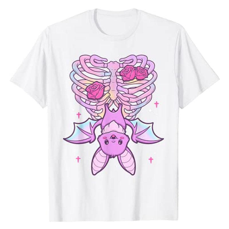 Kawaii Pastel Goth Niedlich Gruselig Fledermaus Skelett T-Shirt Anime Vaporwave Ästhetische Kleidung Grafik T-Shirt Oberteile Halloween Kostüm Geschenke
