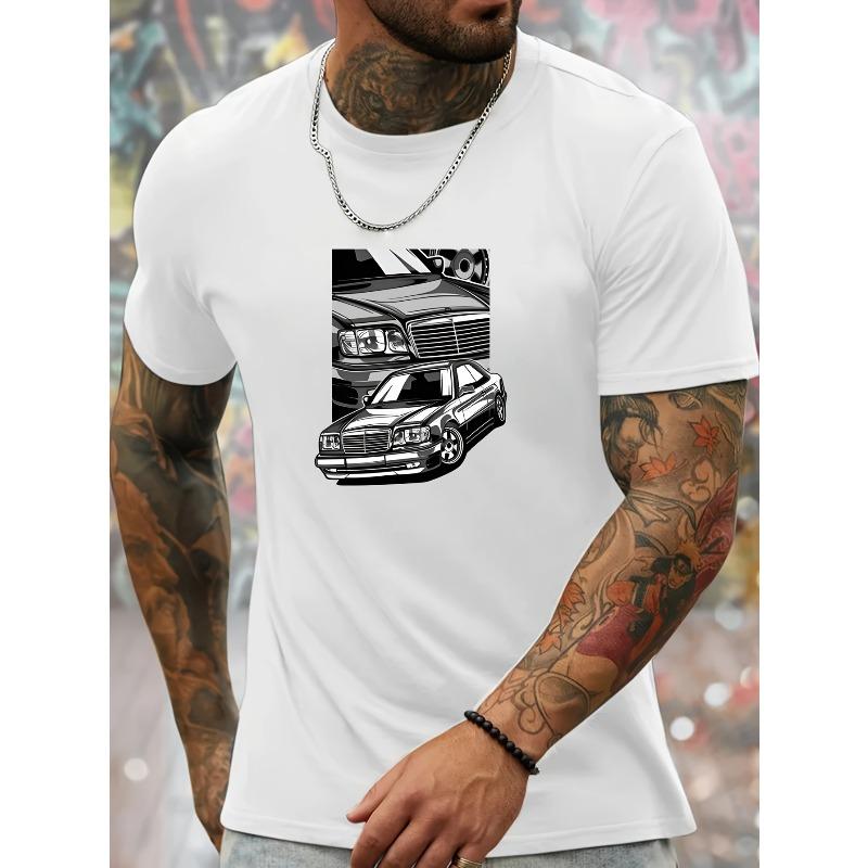 European Sizes Men'S Casual Short Sleeve T-Shirt | Breathable Crew Neck, Regular Fit, Vintage Car Print, Machine Washable, Ideal for Summer