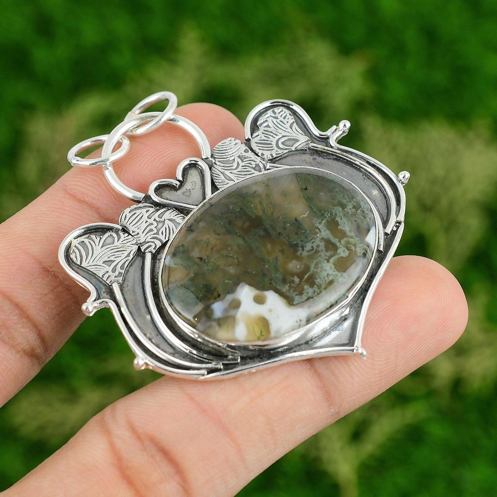 Daughters Day Deal 925 Silver Solar Moss Agate Gemstone Anniversary Wife Pendant