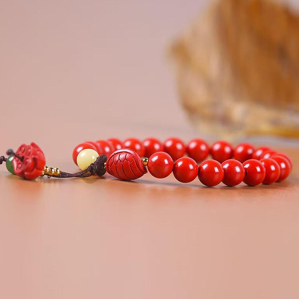 Genuine Cinnabar Lotus & Amber Hetian Jade Bracelet - Gift for Peace, Longevity, and Prosperity
