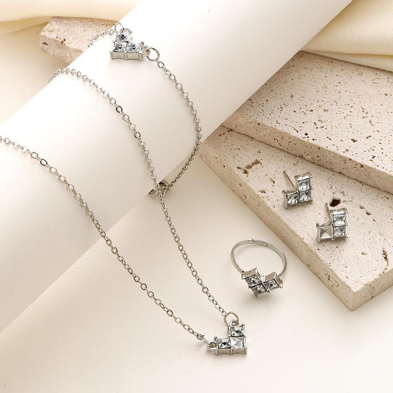 V-Shaped Heart Diamond Necklace, Bracelet, Earrings, and Ring Set - Elegant and Fashionable 4-Piece Collection