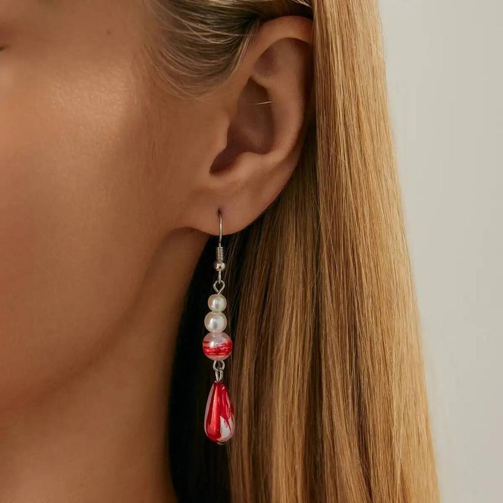 IngeSight.Z Classical Charm Imitation Pearl Red Crystal Water Water Tassel Drop Earring Women Gothic Earring Halloween Jewelry