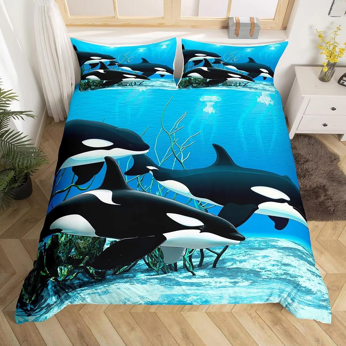 

Killer Whale Duvet Cover Set Underwater World Animals Single Double Bedding Kids Teens Adults Room Ocean Whale Comforter Cover EU Single(135*200cm)3pcs