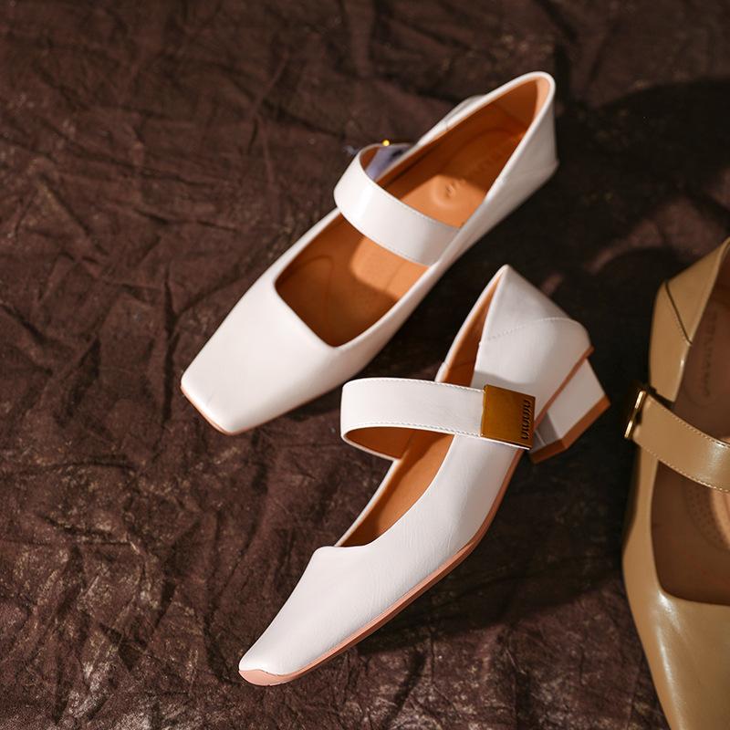 X Fairy Mary Jane Shoes Velcro Soft Leather Versatile Square Head Single Shoes Low Heel Stepable Heel