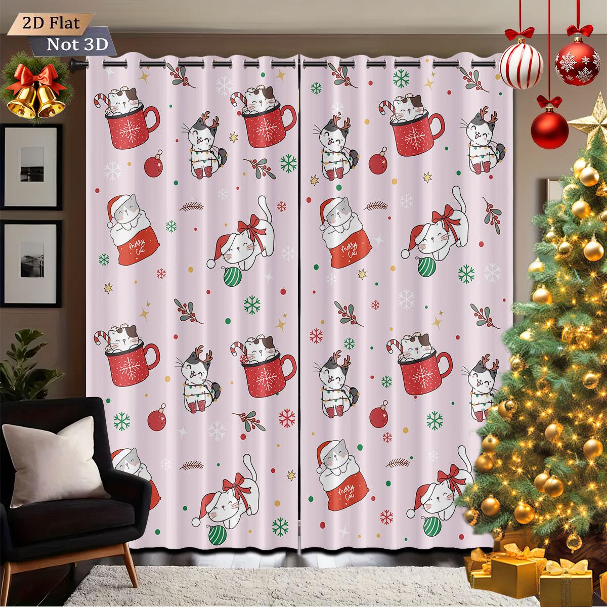 

2Pcs Christmas Cartoon Cat Print Blackout Curtains Multiple Size Living Room Bedroom Insulation Decoration, Machine Washable 140x160&Grommet Top