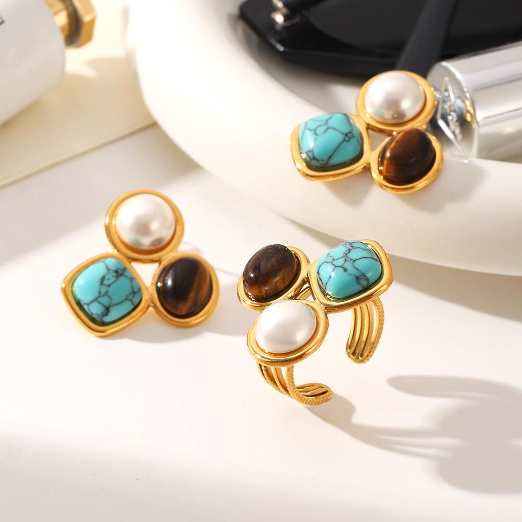 Turquoise Stainless Steel Jewelry Set: Open Ring & Tiger Eye Earrings - Luxurious High-End Look