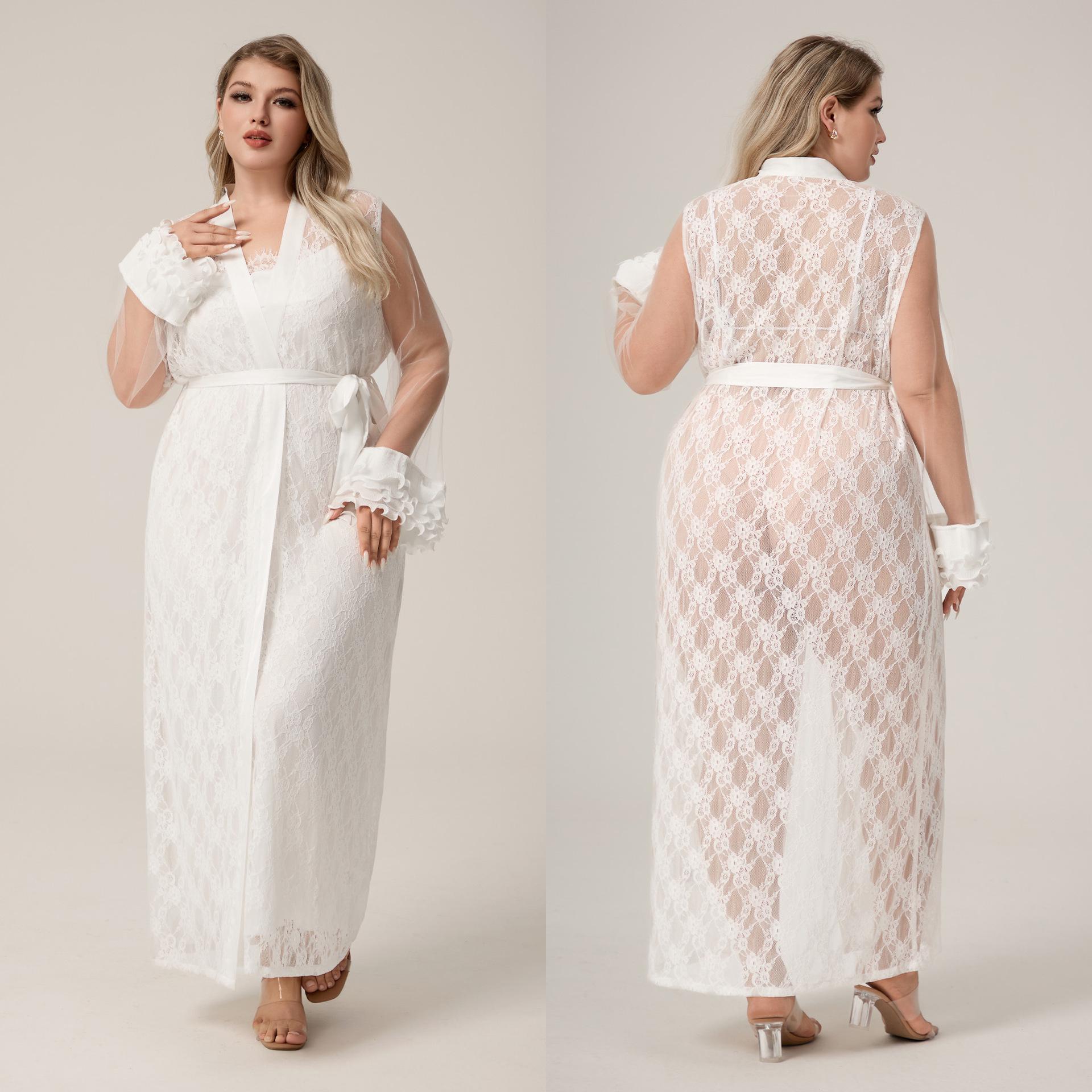 

Yaoting Plus Size Women s Ice Silk Lace Long Robe & Nightgown (WP5014) 4XL