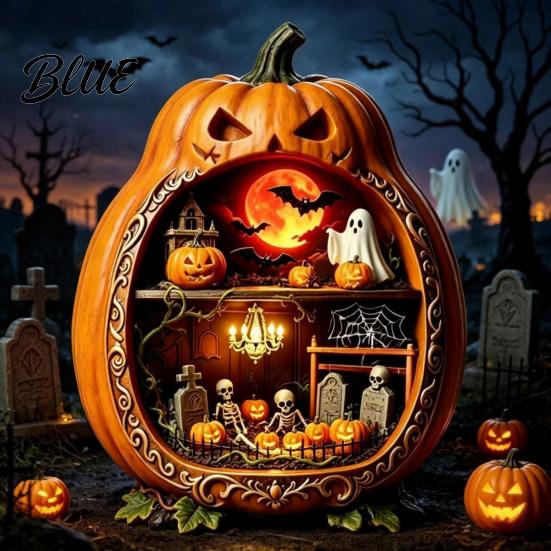 Witch And Castle Decor Halloween Centerpiece Pumpkin Wooden Pumpkin Ornament with Miniature Scenes Rustic Shelf Skeleton for Farmhouse Home