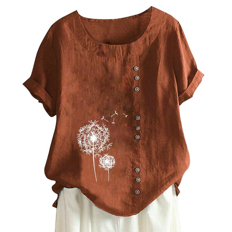 

Свободная повседневная рубашка с коротким рукавом и принтом на пуговицах, женские летние топы, женская уличная одежда, блузка больших размеров с круглым вырезом, женская мода 24159 4XL темно-коричневого