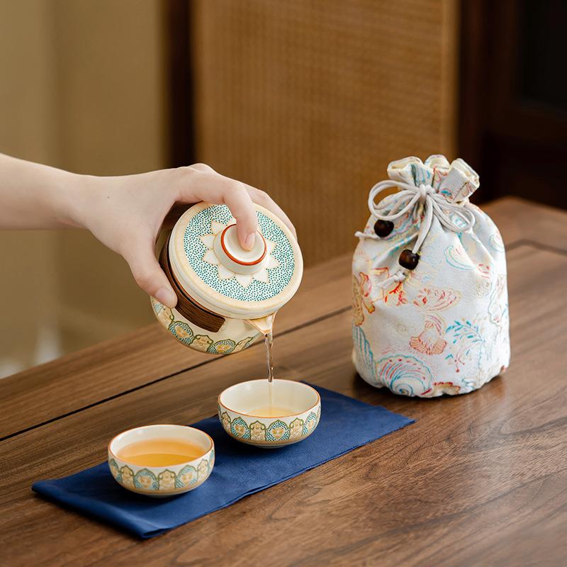 Portable Ru Kiln Travel Tea Set Household Outdoor Tea One Pot Two Cups Ceramic Kuaike Cup