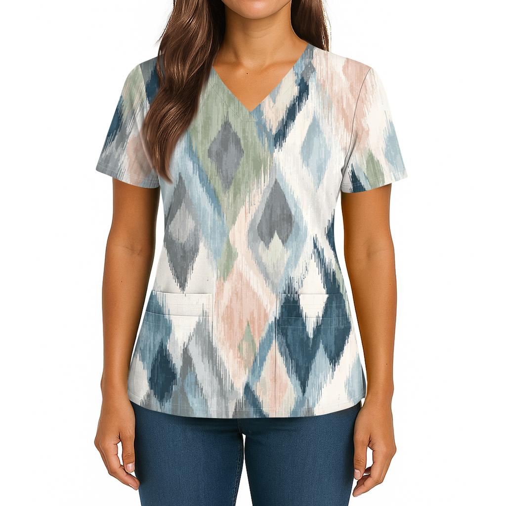 Women's Gradient Print V-Neck Double Pocket Short Sleeves Hem Slit Uniform Caregiver Top