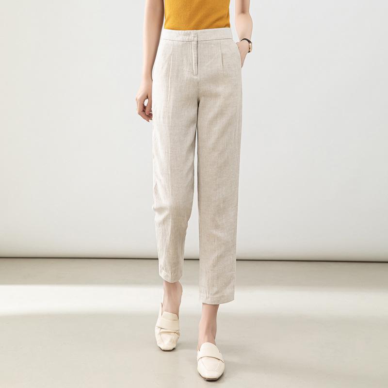 Women's High-Waist Cotton Linen Cigarette Pants - Summer 2025, Petite Eight-Point Casual, Straight Leg