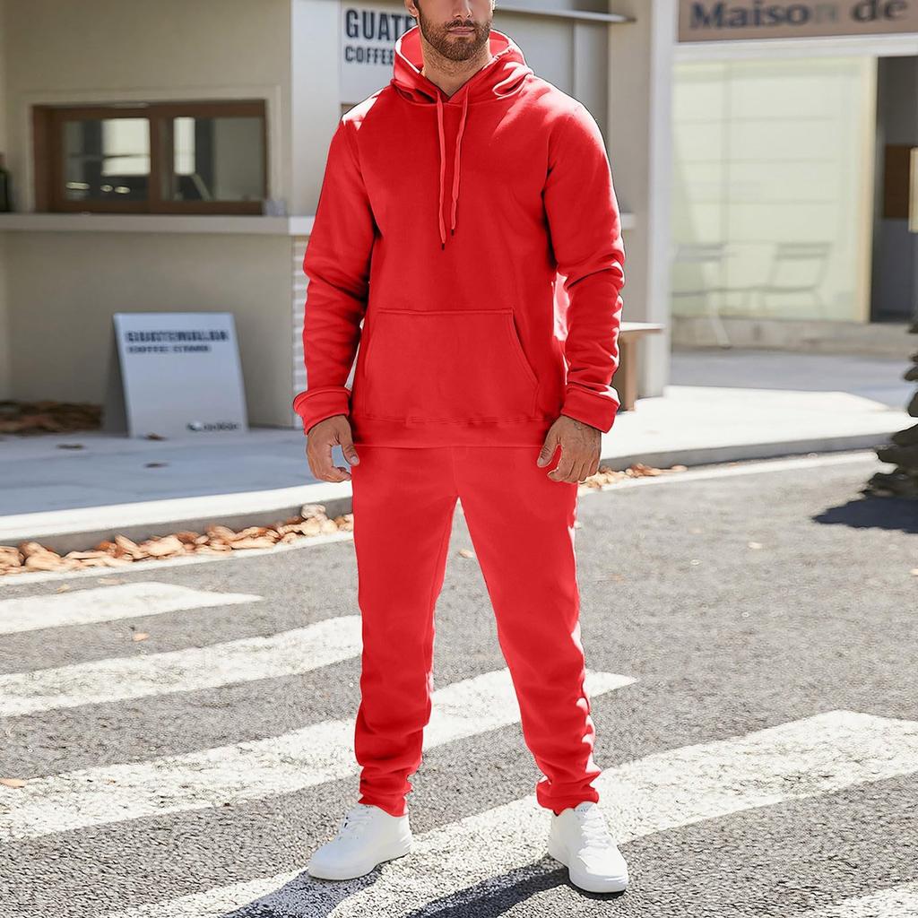 Men's And Women's Solid-color Casual Set. Men's Long-sleeved Hooded, Fleece And Thickened Sweatshirt And Pants Two-piece Set