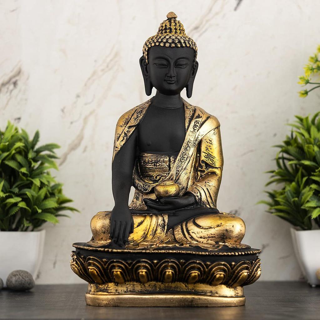Buddha Statue Showpiece Idol Home Decor Items for Living Room and Gifts (Golden 3 Black)