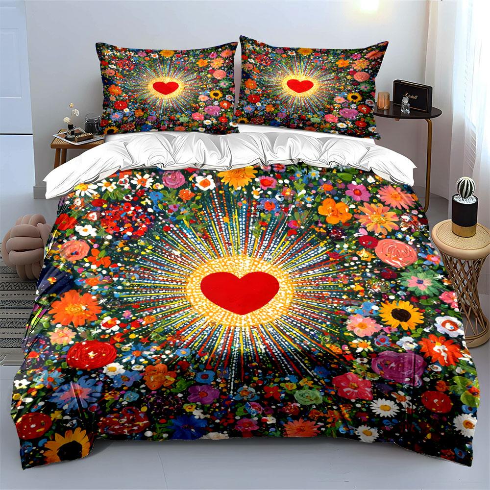 Heart and Floral Burst Design Bedding Duvet Cover Set Duvet Cover Pillowcases  (1*Duvet Cover 2*Pillowcases, Without Duvet Insert)