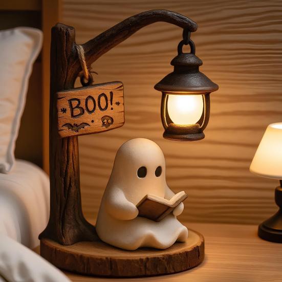 Ghost Reading Street Lamp 3D Resin Halloween Ghost Night Light LED Ghost Reading Book Table Lamp with Warm Light for Bedroom Study Living Room Decor