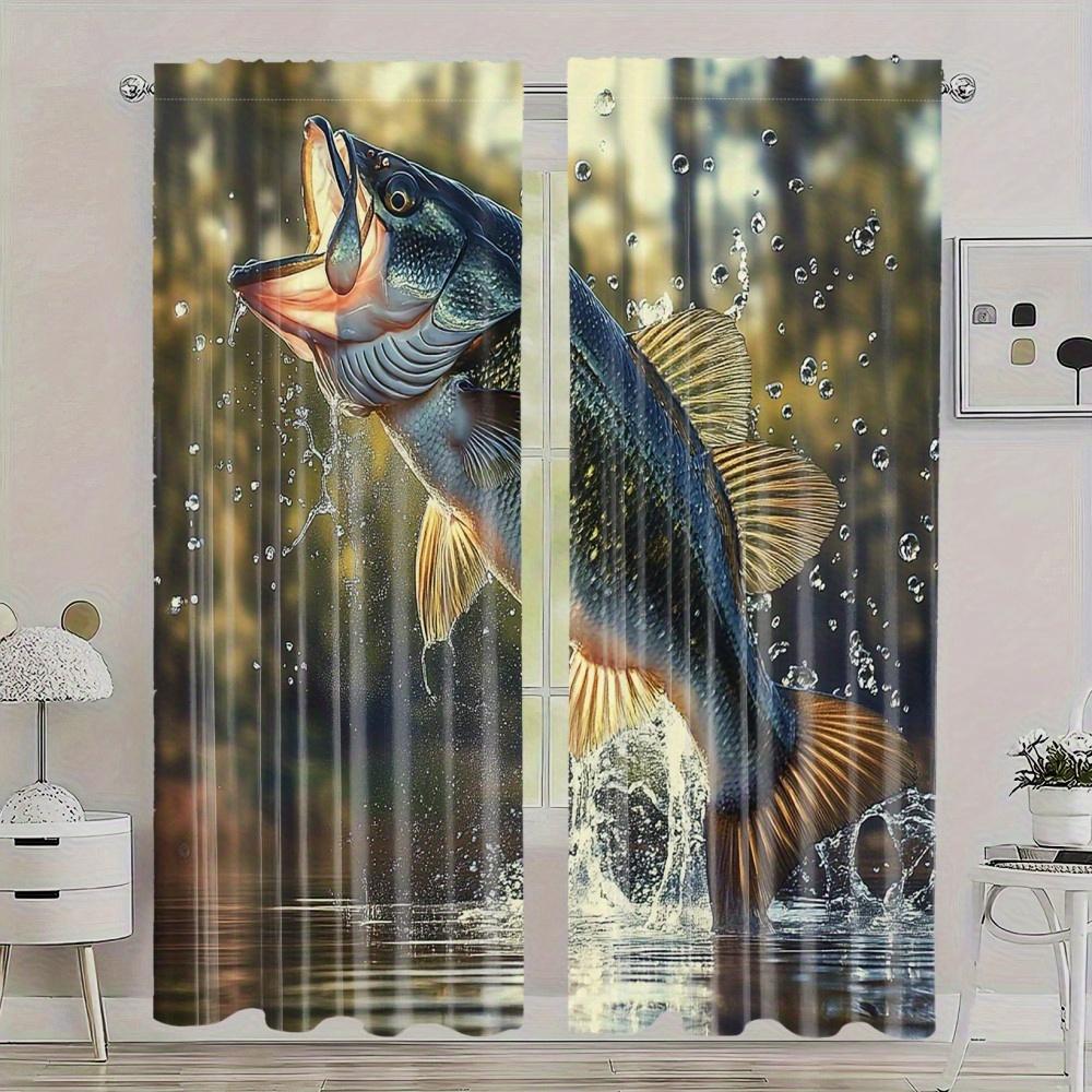 2pcs Classic Bass Fishing Thermal Blackout Curtains - Vibrant Fish Design, Insulated Polyester Drapes for Standard & Large Windo