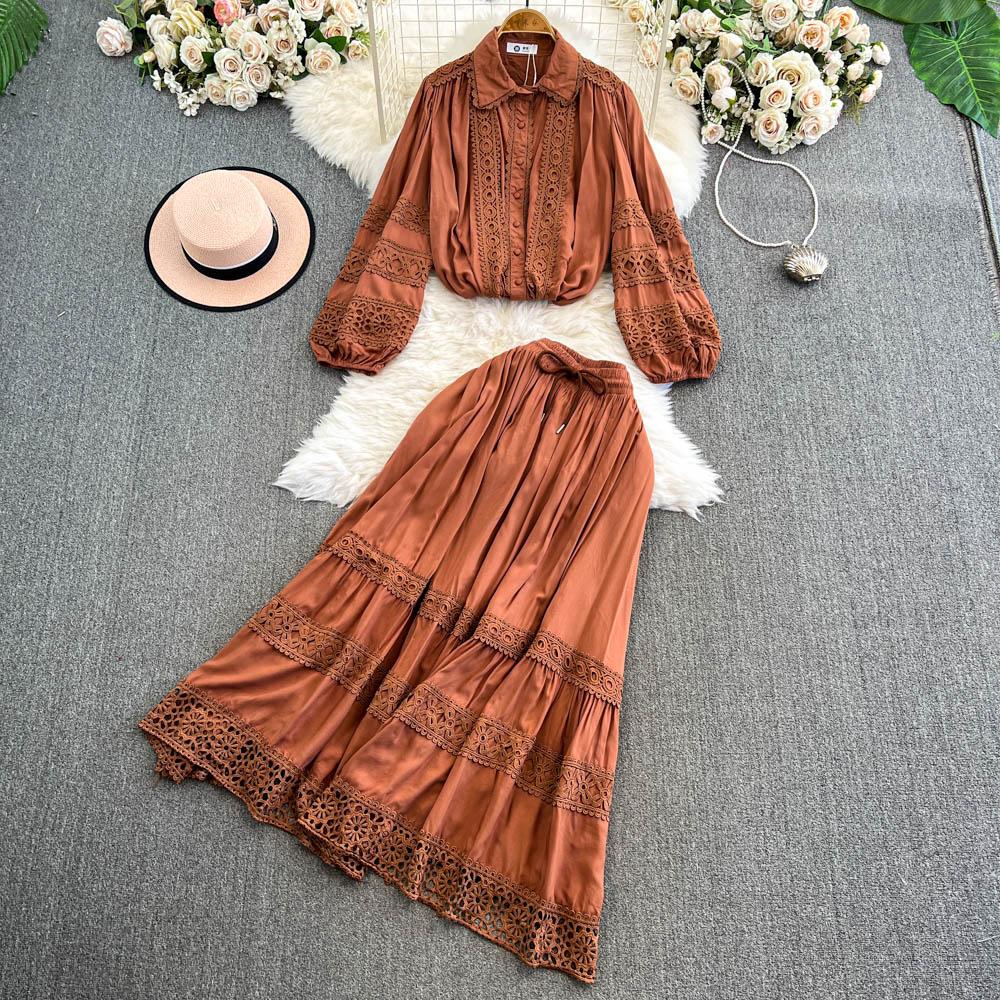Lace Panel Long Sve Irt And High Waist Flared Skirt Set Women's Faion Ensemble Hollow Out Design Slimming Women Suit 2 Pieces Set