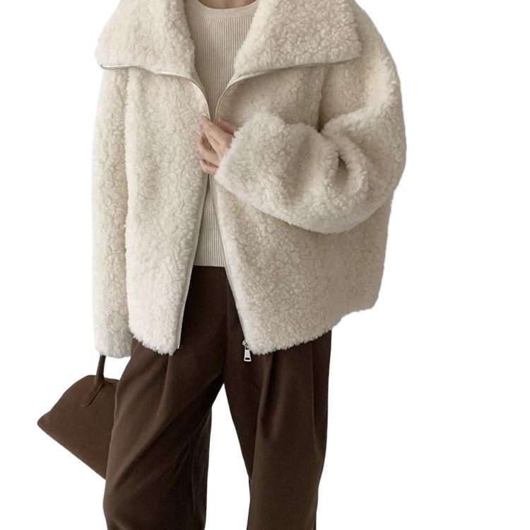 Women's Lambswool Coat: Autumn Winter 2025 New Loose Slimming Casual Plus Velvet Thickened Leather-Fur Integrated Top