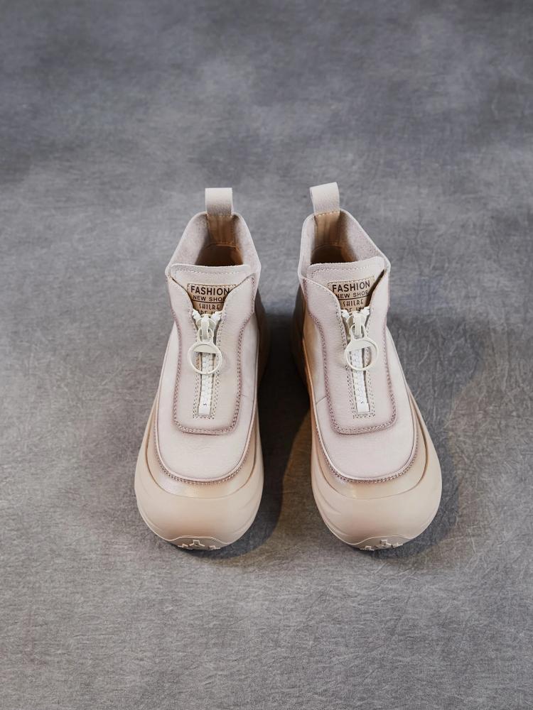 Johnature Botas Curtas Retrô de Couro Genuíno com Sola Grossa e Zíper Frontal Sapatos de Plataforma Casuais