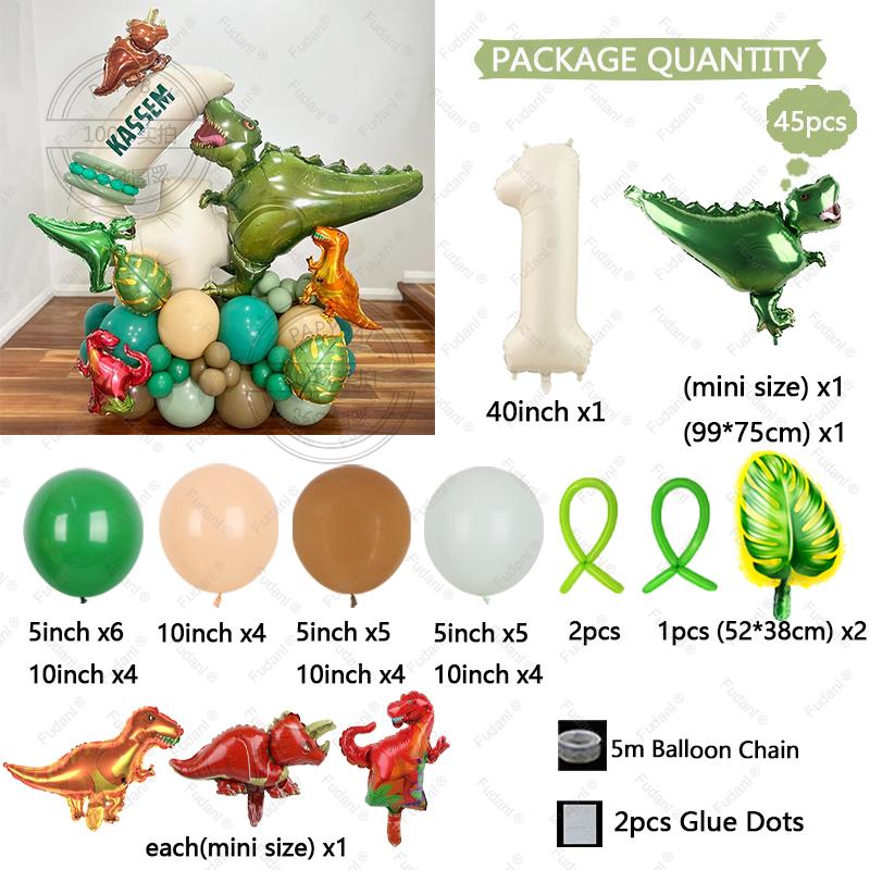 45pcs Jungle Dinosaur Party Balloons Set Mini Dinosaur Balloon Cream White Number Ballon Kids 1 2 3 4 5Year Birthday Party Decor
