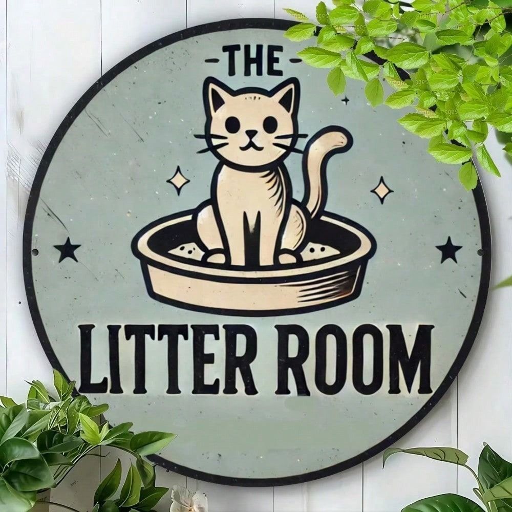 Round Metal Poster Cat Wall Art Bathroom Decor Aluminum Gift