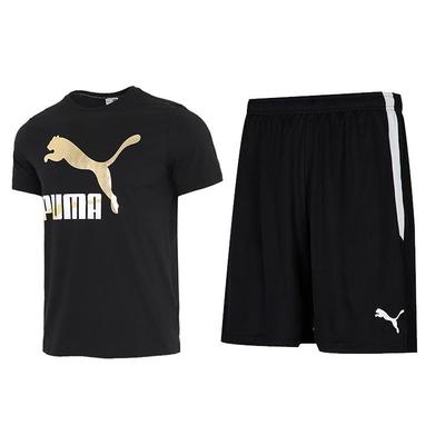 Logo Print Sports Set Round Neck Short Sleeve T-Shirt Casual Five-Point Shorts Set Men Sets Black 532280-01+704924-03
