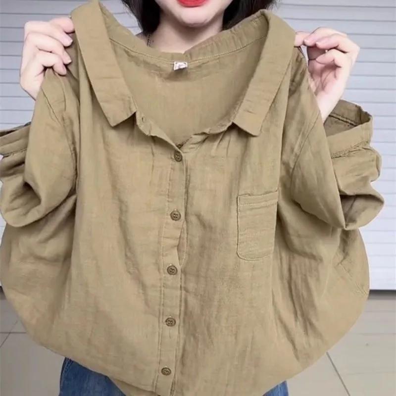 Loose Fit Cotton Linen Five-Quarter Sleeve Shirt for Women Korean Style Vintage Collar Outerwear Shirt Age-Defying Top