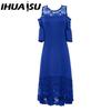 IHUASU Embroidery Lace Patchwork Plus Size Women Dress Flared Short Sleeve Cold Shoulder High Waist