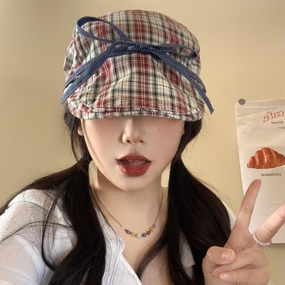 

Cotton Bowknot Plaid Hats Artist Flat Visor Hat Casual Bow Newsboy Caps Girls Style 2