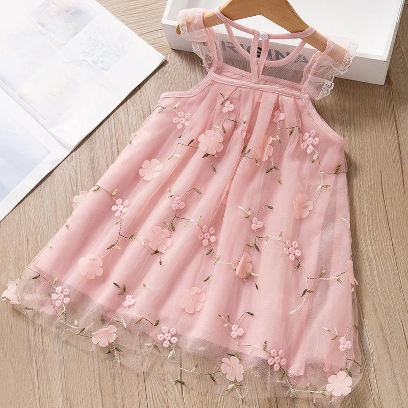Summer Children's Clothing Embroidery Flower Lace Mesh Princess Dress Girls Clothes Baby A-Line Casual Party Flying Sleeve Dress