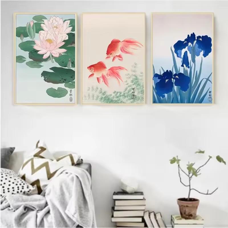 Japanese Ohara Koson Ukiyo Wall Art Poster Vintage Goldfish Lotus Owl Crane Canvas Painting for Guest Room Home Bar Cafe Decor