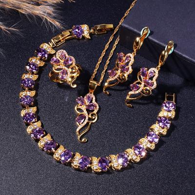 5Pcs Purple Cubic Zirconia Jewelry Set,  Gold-Plated Jewelry Set  Earrings Bracelet Ring And Necklace Set, Elegant Party Gift