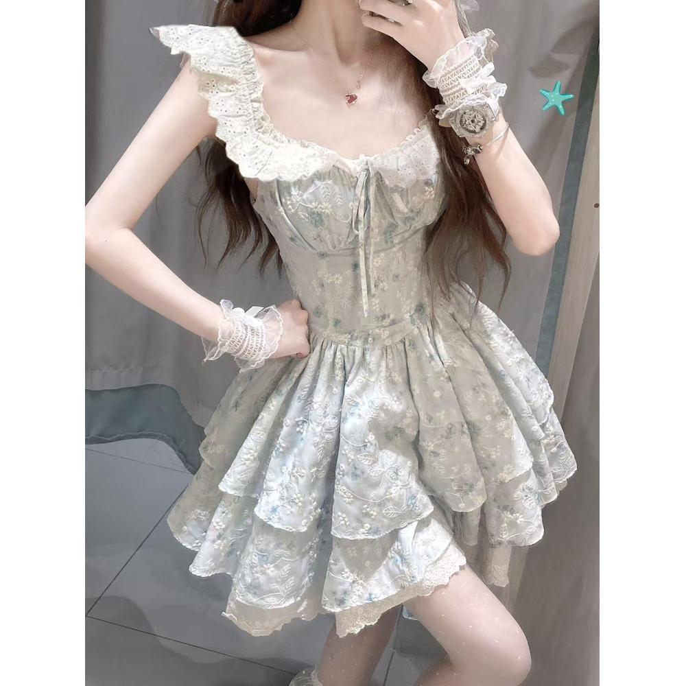 

Французское цветочное платье для девушек женское летнее милое маленькое платье-тортик пышное короткое платье с милыми маленькими рукавами-крылышками на талии XL- (recommended 110-60kg) синий