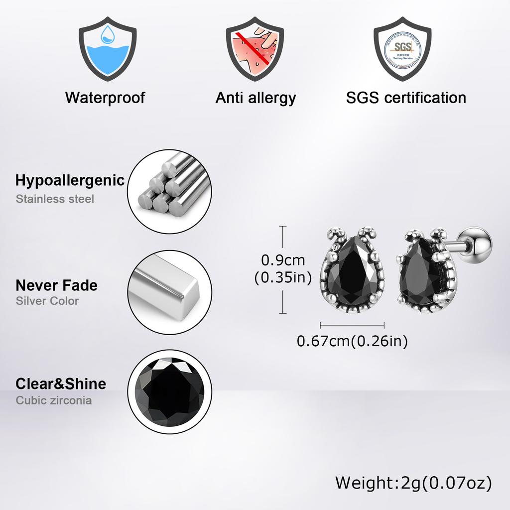 Vintage Black Zircon Stud Earrings for Men Boys,Stainless Steel Droplet Shaped Stone Ear Studs,Gothic Rock Punk Jewelry Gifts