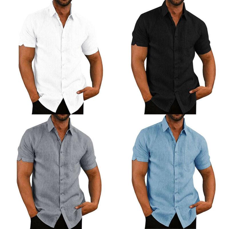 Mens Linen Blouse Short Sleeve Baggy Buttons Summer Solid Comfortable Pure Cotton and Linen Casual Loose Holiday Shirts