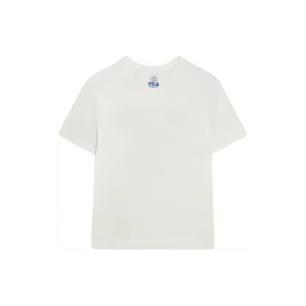 FILA Logo Smiley Face Flower Embroidery Casual Round Neck Short Sleeve T-Shirt Women T-Shirt Cloud-White F11W429106F-ET