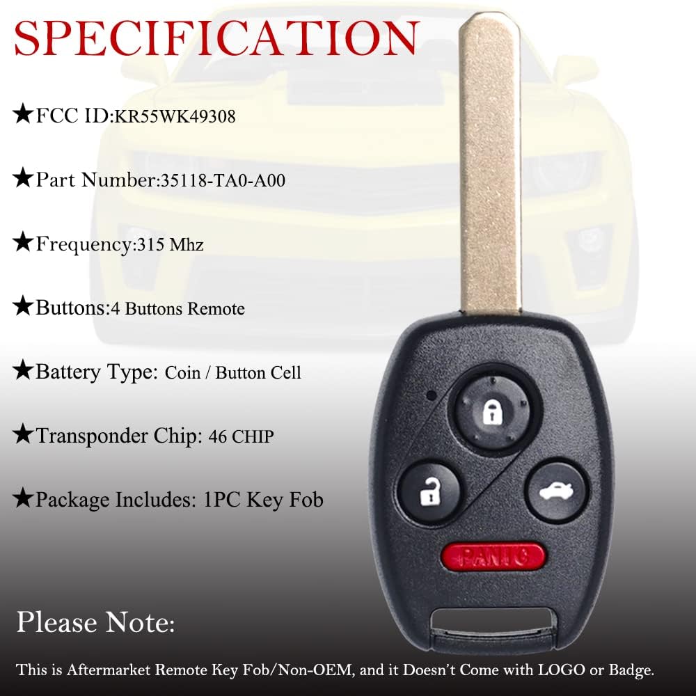 MechanMagic Key Fob Remote Replacement Fits for Honda Pilot 2009 2010 2011 2012 2013 2014 2015/ Accord Sedan 2008-2012 KR55WK49308 Keyless Entry